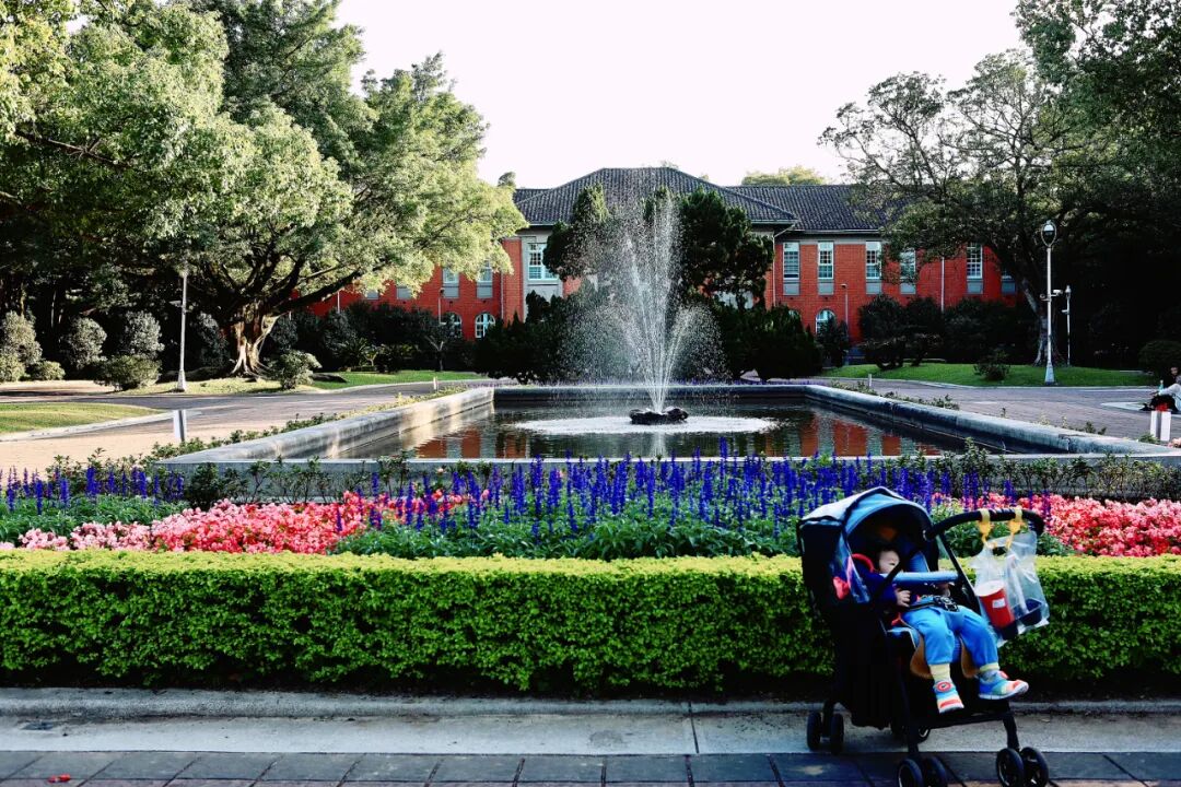 Majestic NTU Main Library glowing at sunset or dusk.