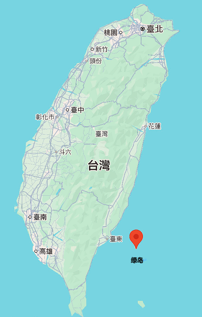 Map of Green Island (Lyudao) showing its location off the coast of Taitung, Taiwan.