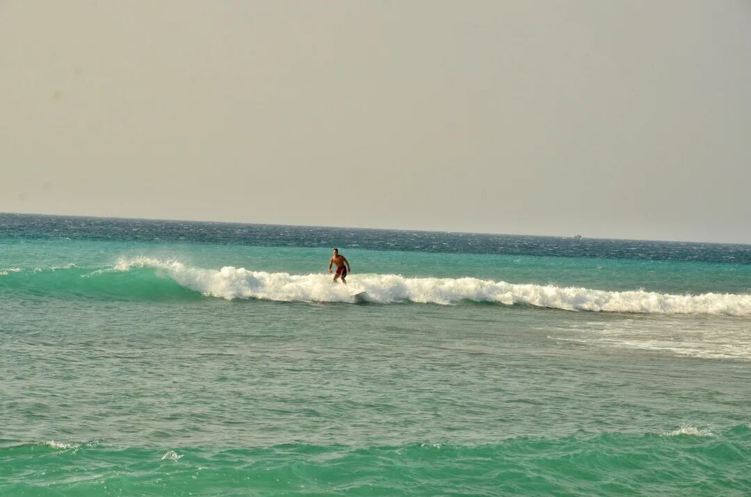 A surfer riding a wave in the choppy waters of a small bay near Kenting Street