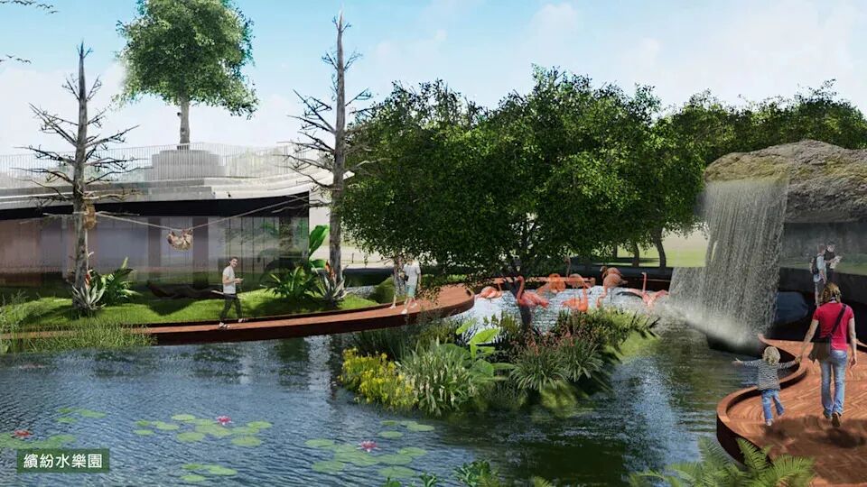 Rendered image of a colorful, lively water play area with slides and fountains