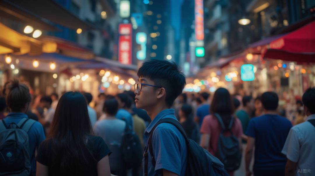 Bustling street scene in Ximending with neon lights