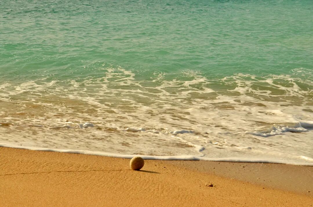 Strong ocean waves rolling into a small bay, creating foam and movement