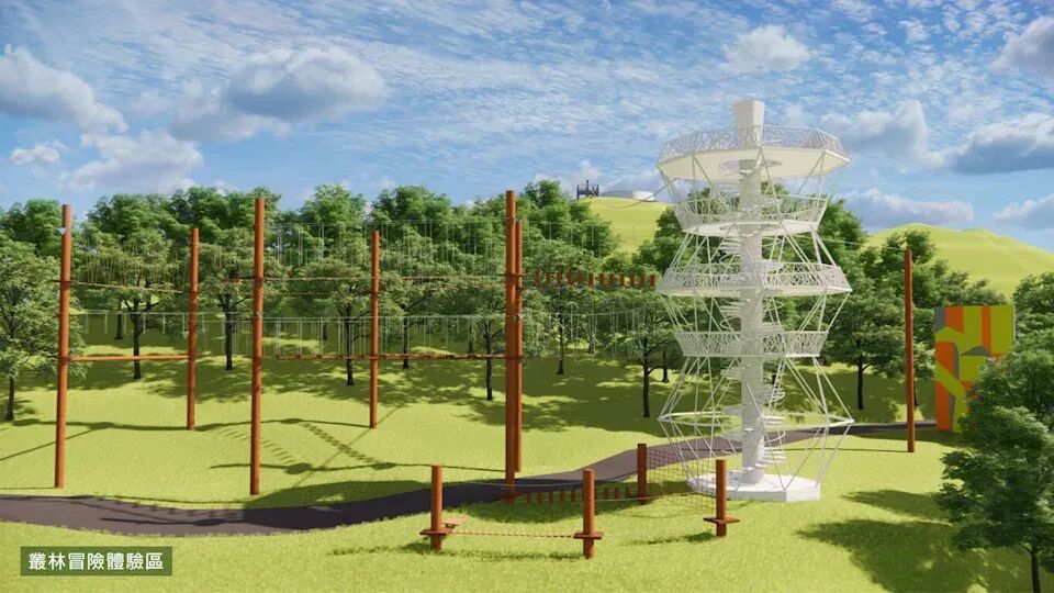 Rendered image of a thrilling jungle adventure zone with zip lines and rope bridges