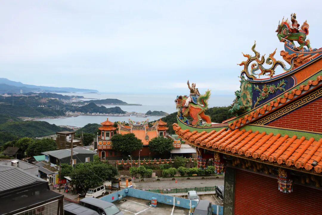 Scenic Jiufen mountain town. Panoramic view of Jiufen village nestled in the mountains.